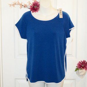 KIKIT Sz M NWT Raglan Sleeve Stretch Top Royal Blue White Trim Keyhole Back